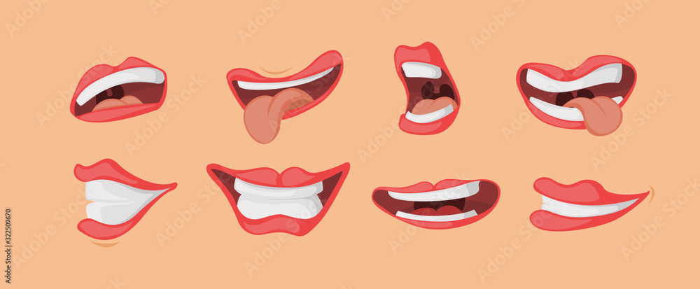 Mouth expressions facial gestures set in cartoon style. Open closed mouth, tongue, scream. Mouth expressions facial gestures set in cartoon style. Open closed mouth, tongue, scream.