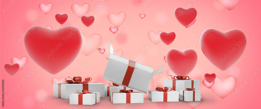 Fototapeta Valentine's Day packages gifts red white design 3d-illustration