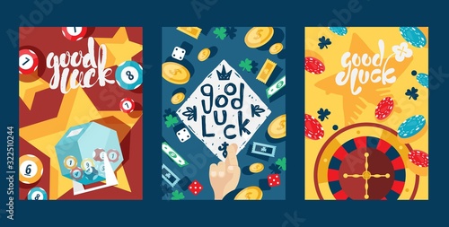 Good luck in gambling, typography banners, vector illustration. Set of cards with casino symbol, game icon. Jackpot, lottery, bingo, poker and roulette. Casino advertisement flyer, invitation template