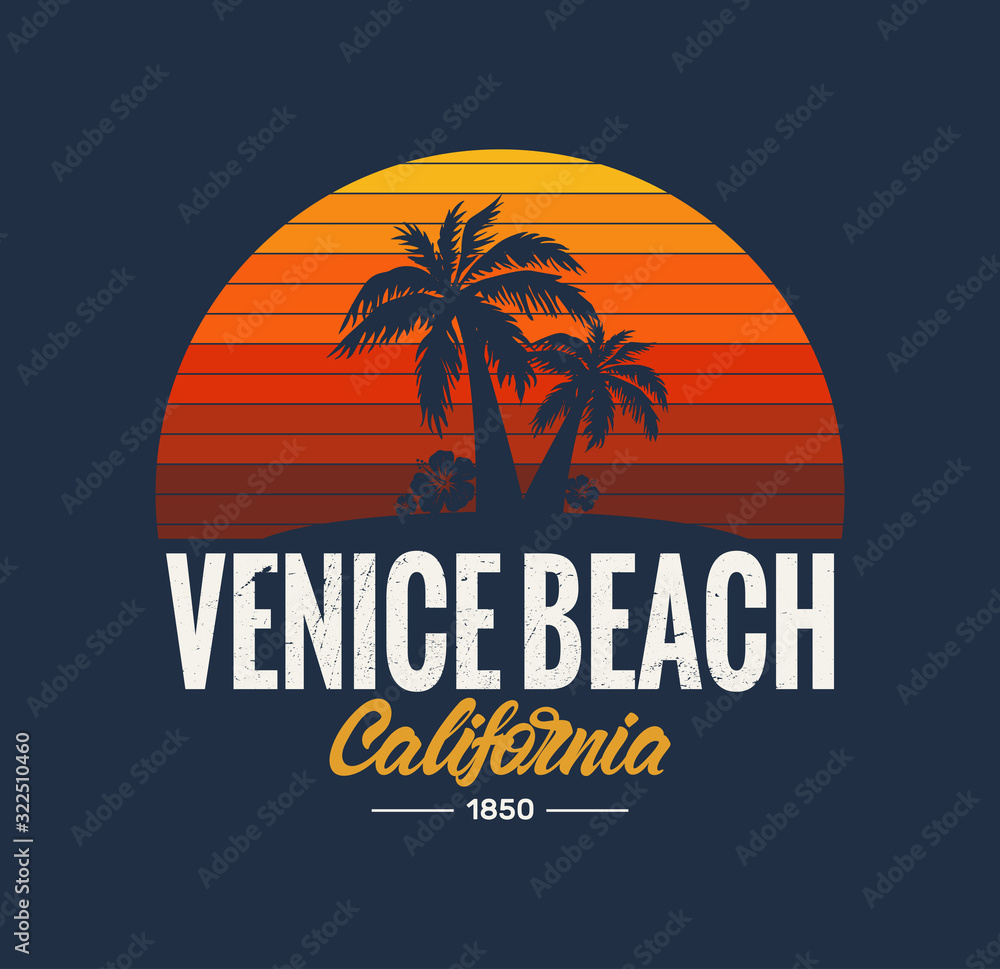 California Venice Beach Poster with Palm Trees and cartoon sunset . Summer .Tee Design For Print. Vector fashion illustration