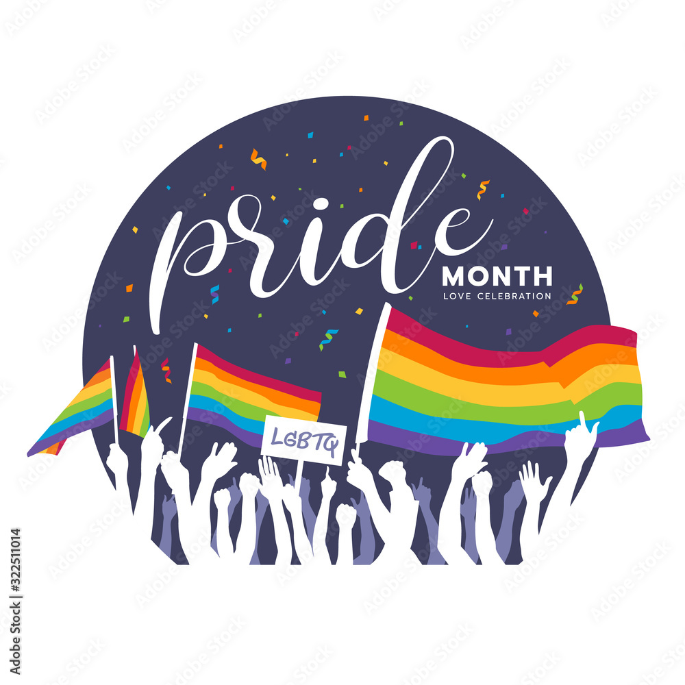 Pride month banner with LGBTQ people raised their hands up , waving