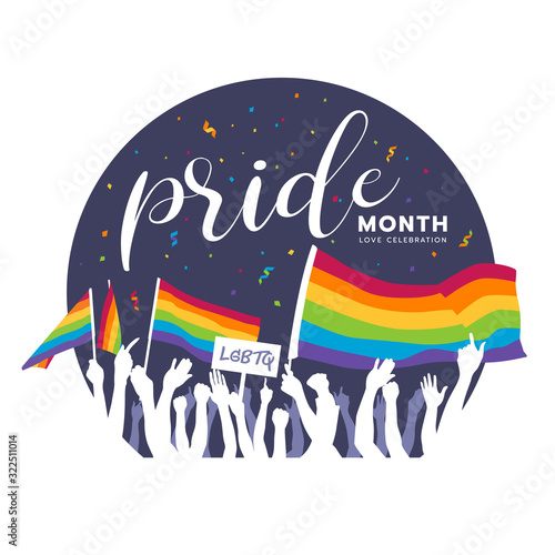 Pride month banner with LGBTQ people raised their hands up , waving flags , holding banners to show their pride vector design