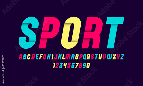 Sport colorful font, bold stylized alphabet with shadow, letters and numbers, vector illustration 10EPS
