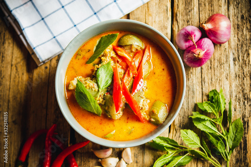 Eggplant curry and fish balls with coconut milk, Thai food concept