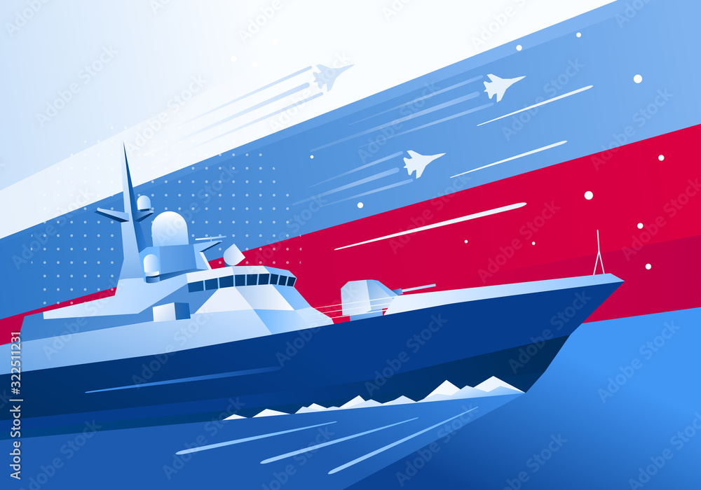 Anti-submarine military boat card. Defender of the Fatherland Day in Russia. May 9 Victory Day. Vector illustration