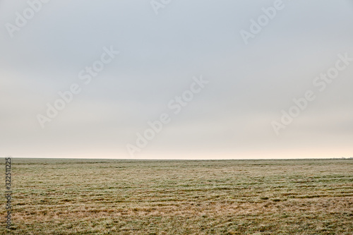Moody abstract landscape shot in the countryside with meadow in the foreground and grey sky with high fog in the background. Seen in Bavaria  Germany in January