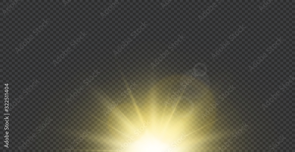  Sun flash with gold glitter effect. Star burst.Yellow light on dark background. Vector realistic illustration 