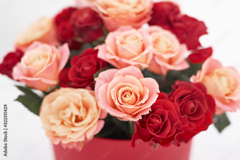 Valentines Day romantic background with flowers roses . Valentine Card with copy space. Flowers in gift box. Valentine's day greeting card template February 14. Happy Birthday or wedding postcard Valentines Day romantic background with flowers roses . Valentine Card with copy space. Flowers in gift box. Valentine's day greeting card template February 14. Happy Birthday or wedding postcard