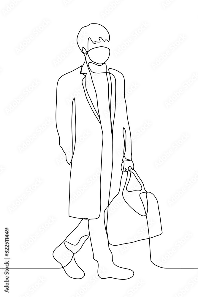 young man with a medical mask in a coat with a large travel bag is walking. One continuous line art of a full-length man with a medical mask on his face young man with a medical mask in a coat with a large travel bag is walking. One continuous line art of a full-length man with a medical mask on his face