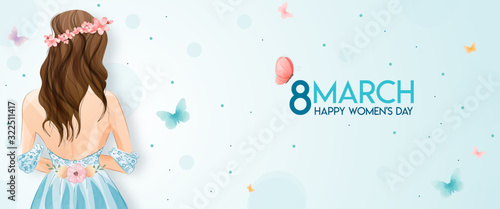8 March, International Women's Day. The watercolor cute girl has drawn. A horizontal format design ideal for a web banner or greeting card.Vector illustration