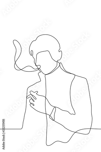Vector drawing of a smoking man. A man in a coat with short hair exhales smoke and holds a cigarette. One continuous line drawing of a smoker.