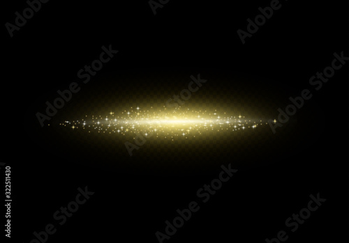 Star burst. Sun flash with gold glitter effect. Yellow light on dark background. Vector realistic illustration 