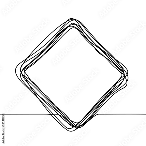 Vector square rhombus in sketch technique with empty center for text. Multilayer hand-drawn frame with a permanent black outline isolated on white. One continuous line drawing of a square frame.