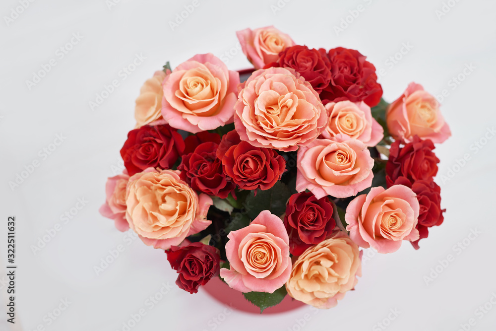Valentines Day romantic background with flowers roses . Valentine Card with copy space. Flowers in gift box. Valentine's day greeting card template February 14. Happy Birthday or wedding postcard Valentines Day romantic background with flowers roses . Valentine Card with copy space. Flowers in gift box. Valentine's day greeting card template February 14. Happy Birthday or wedding postcard