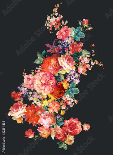 Colorful flower on dark background,Flowers watercolor illustration,leaves and floral，Design for textile, wallpapers