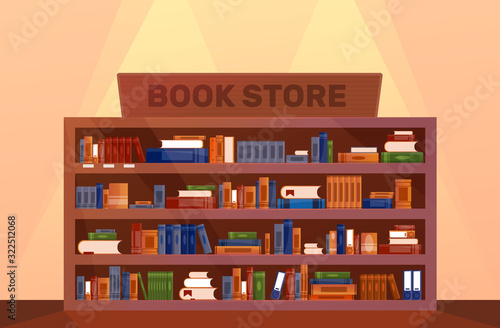 Book store Large Bookcase with books. Library book shelf interior. Knowledge. Vector illustration pattern
