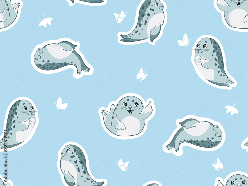 Fototapeta premium Background with cute cartoon baby Seal, Harp Seal Pup.