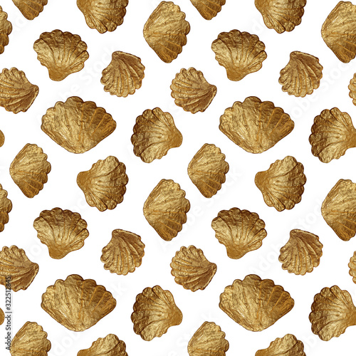 Seashells gold seamless pattern. Hand painting golden shells background.