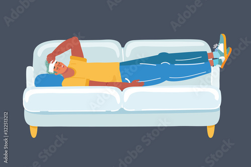 Man with headache on sofa on dark