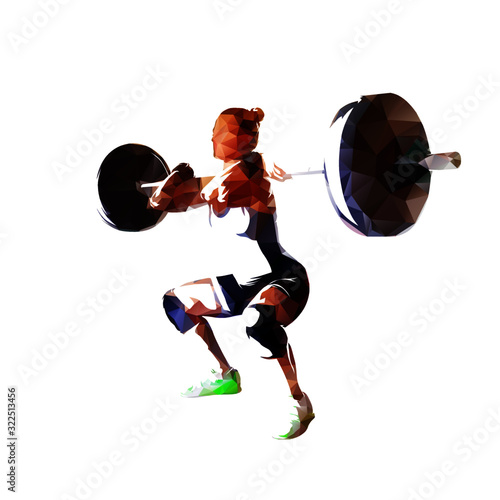 Squats, weight lifter woman low polygonal vector illustration