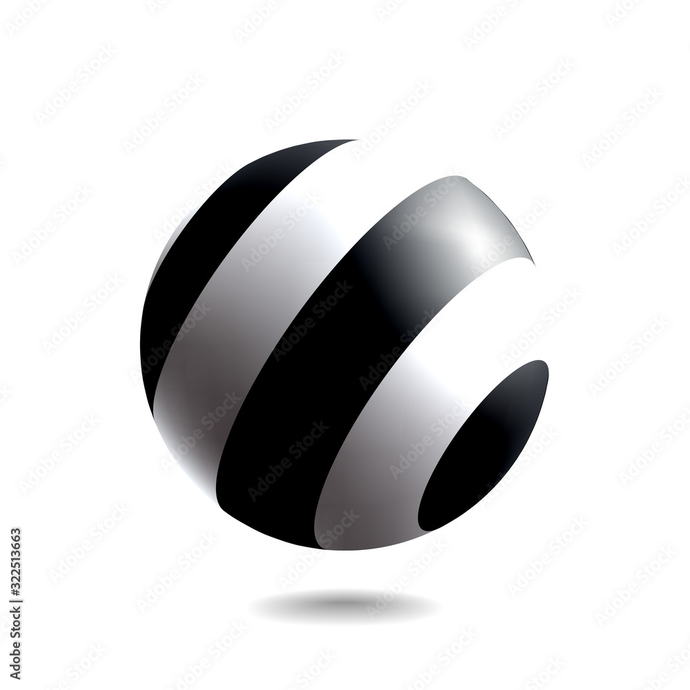 Black and white striped sphere with realistic light and shadow. Abstract 3D vector object. Black and white striped sphere with realistic light and shadow. Abstract 3D vector object.