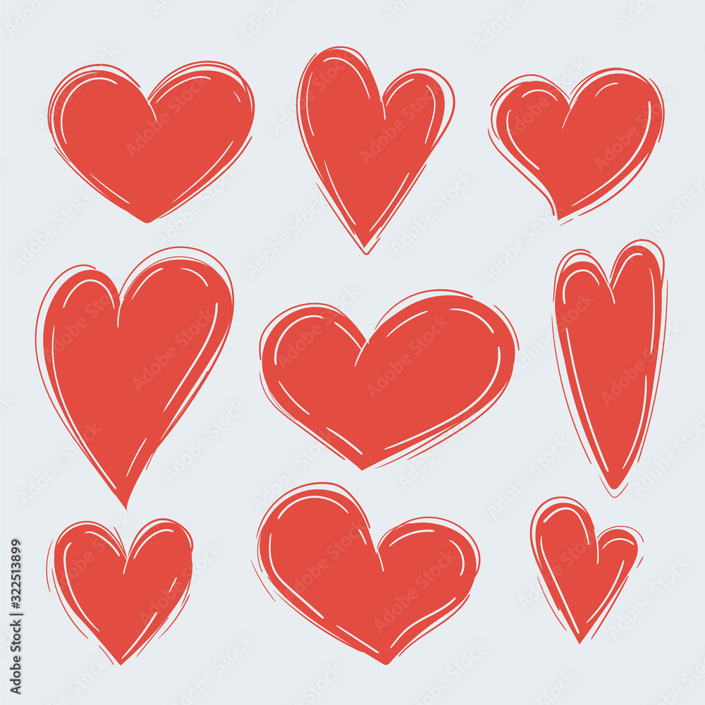 Set of various simple red hearts on white
