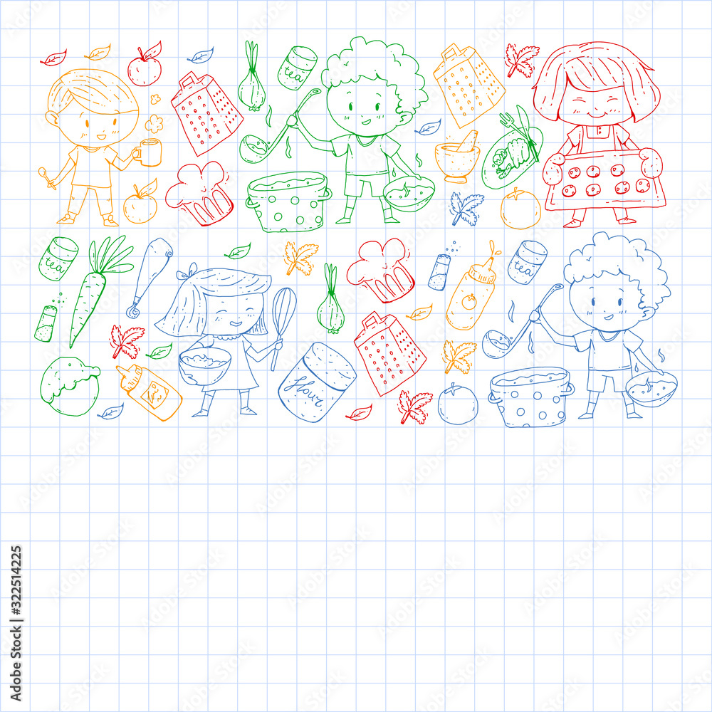 Healthy food and cooking. Fruits, vegetables, household. Doodle vector set. Healthy food and cooking. Fruits, vegetables, household. Doodle vector set.