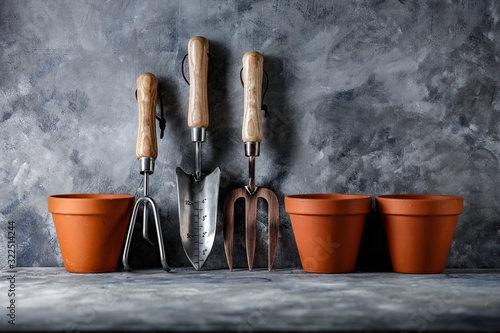 Garden tools on desk and free space for your decoration. 