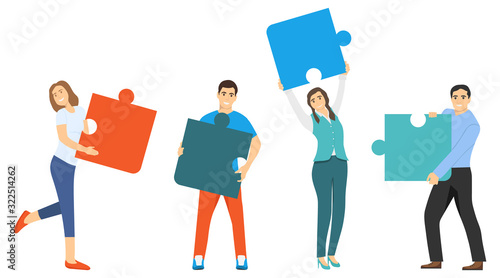 People assemble the puzzle. Collaboration, cooperation, teamwork. Vector illustration of folding a puzzle, people stand and hold puzzle pieces.