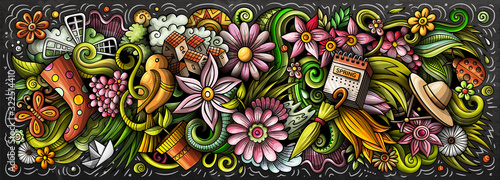 Spring hand drawn cartoon doodles illustration. Colorful vector banner