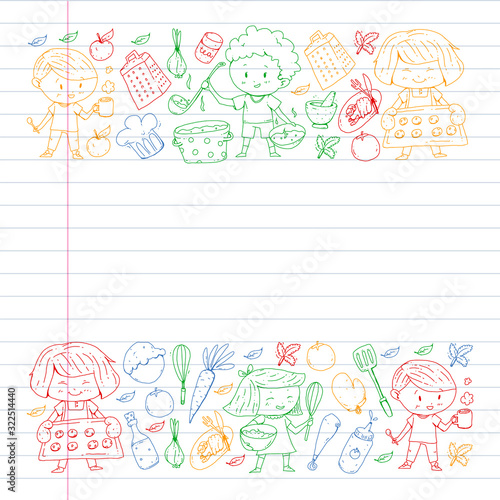 Healthy food and cooking. Fruits, vegetables, household. Doodle vector set.