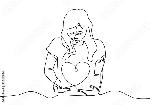 One line woman with heart love symbol. Continuous hand drawn minimalism, vector illustration.