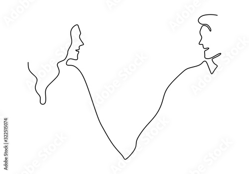Continuous line drawing. Romantic couple. Lovers theme concept design. One hand drawn minimalism. Metaphor of love vector illustration, isolated on white background.