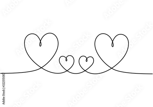 Fototapeta Hearts love symbol, one line drawing. Concept of family members. Metaphor of care, friendship, romance, romantic, and minimalism.