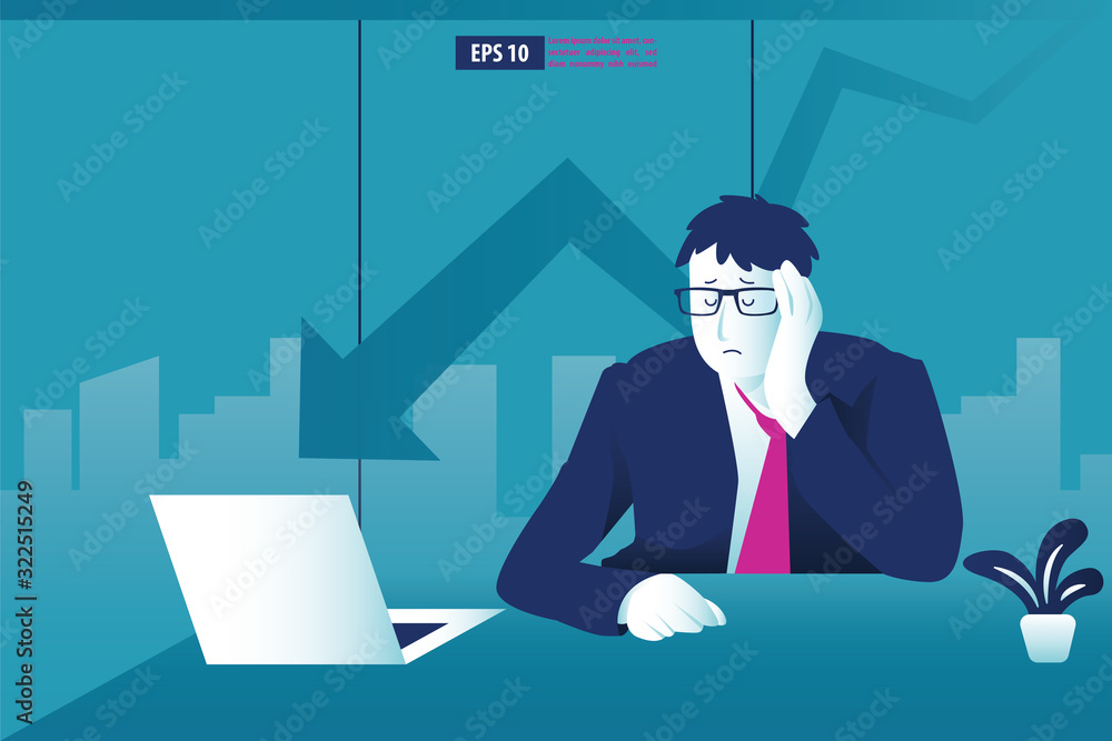 Bankruptcy vector illustration concept. Businessman with broke company. global financial crisis with arrow decrease symbol. economy drop, lost,and bankrupt Bankruptcy vector illustration concept. Businessman with broke company. global financial crisis with arrow decrease symbol. economy drop, lost,and bankrupt