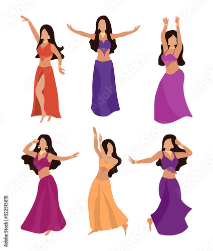 Set of beautiful oriental women in traditional clothes. Girls in costumes for belly dancing in different poses in a flat style. The dancers in the bedle. A bodice and a wide skirt with a slit