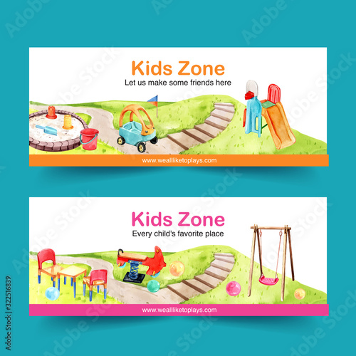 Playground banner design with swing, slide, sandpit watercolor illustration.