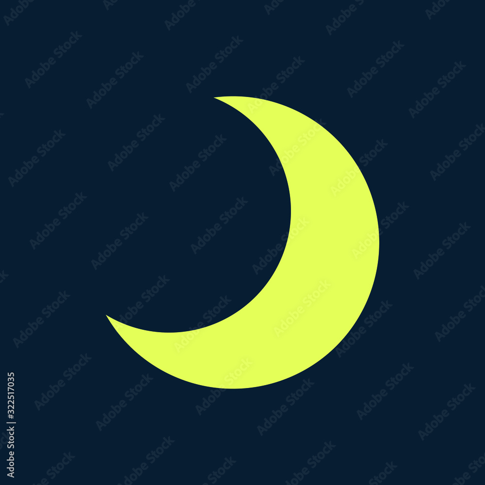 Crescent moon icon. Half moon weather symbol sign. Lunar logo. Yellow silhouette isolated on dark blue background. Vector illustration image. Crescent moon icon. Half moon weather symbol sign. Lunar logo. Yellow silhouette isolated on dark blue background. Vector illustration image.