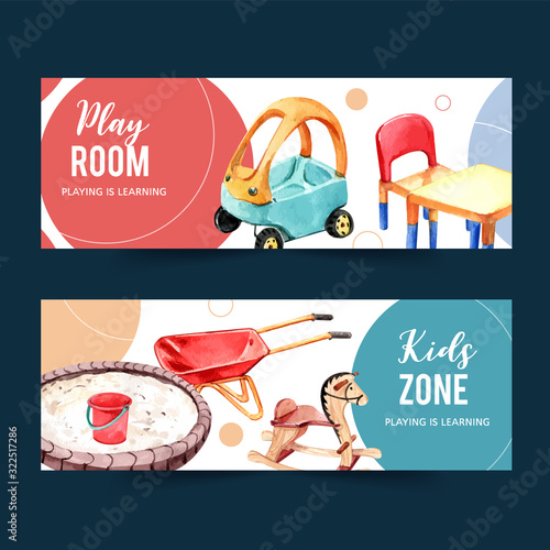 Playground banner design with toy car, rocking horse, sandpit watercolor illustration.