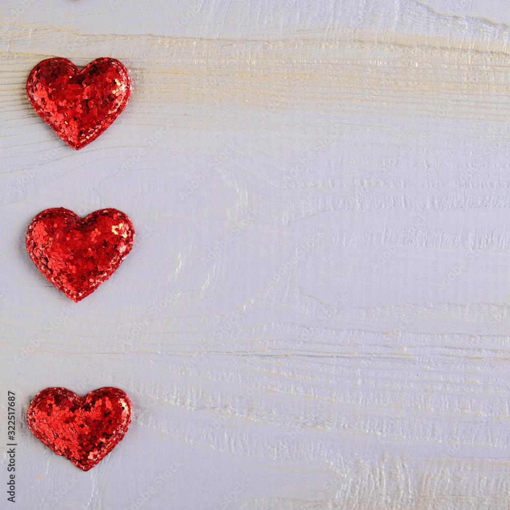 Valentines day greeting card with red hearts. Copy space. Top view Valentines day greeting card with red hearts. Copy space. Top view