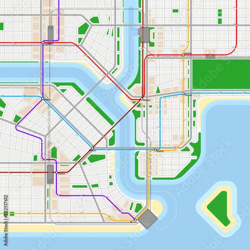 Metro or subway map design template. City transportation scheme concept. Rapid transit system. Vector illustration