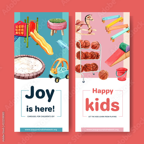 Playground flyer design with slide, basketball, sandbox watercolor illustration.