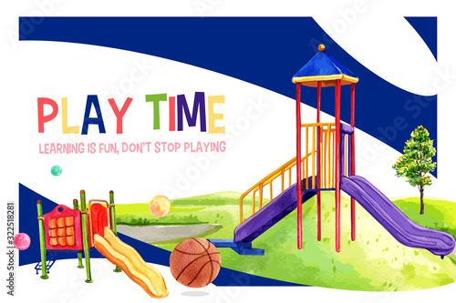 Playground frame design with slide, basketball, balloon watercolor illustration.