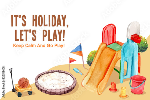 Playground frame design with slide, sandbox, pail watercolor illustration.