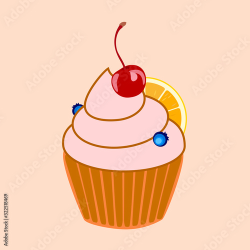Flat vector illustration of a cream cake with a cherry. Shekoladny cream with berries and fruits in a basket of shortcrust pastry.