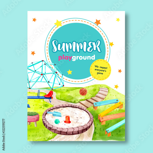 Playground poster design with seesaw, bench, sandpit watercolor illustration.