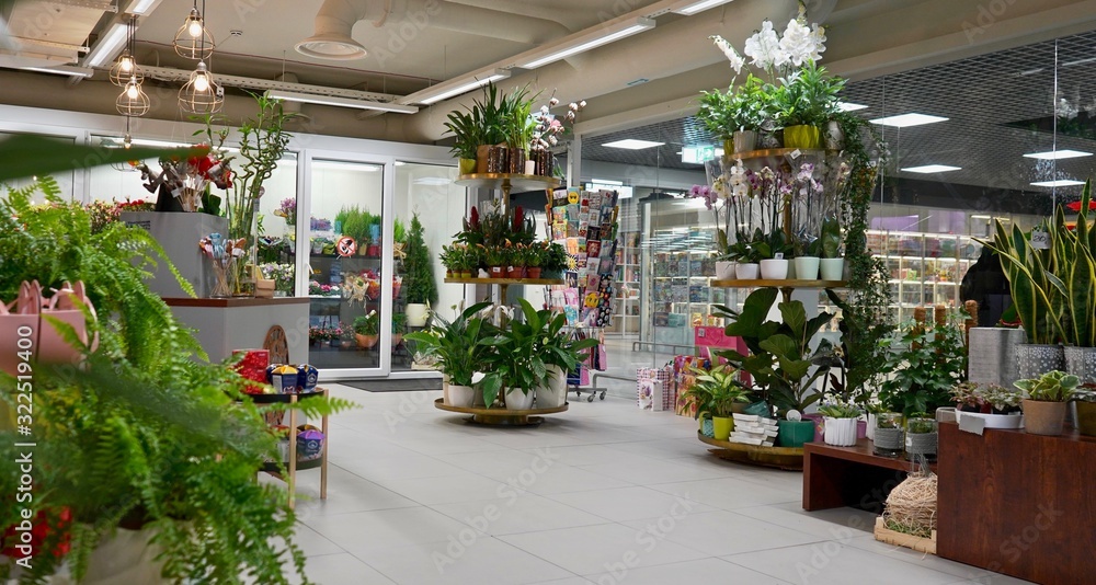 Beautiful atmospheric flower shop with decorations. Stylish interior design with plants, pots, and furniture 