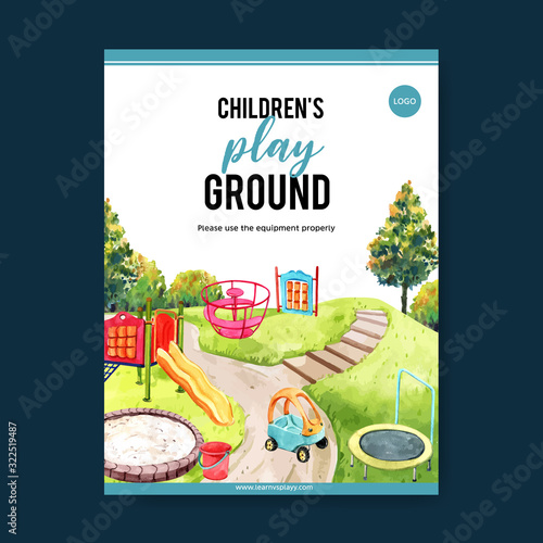 Playground poster design with trampoline, toy car, sandpit watercolor illustration.