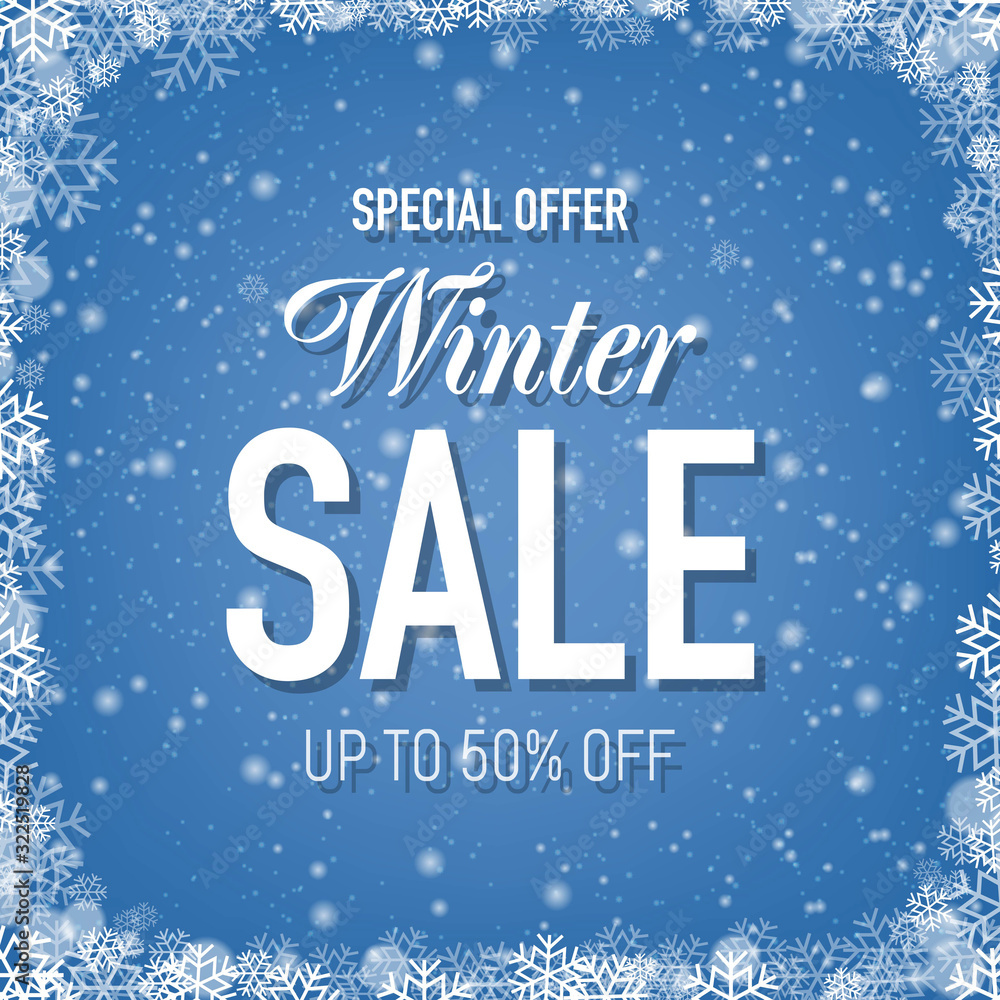 Sale Poster With Blue Glitter Background With Bokeh And Snowflakes