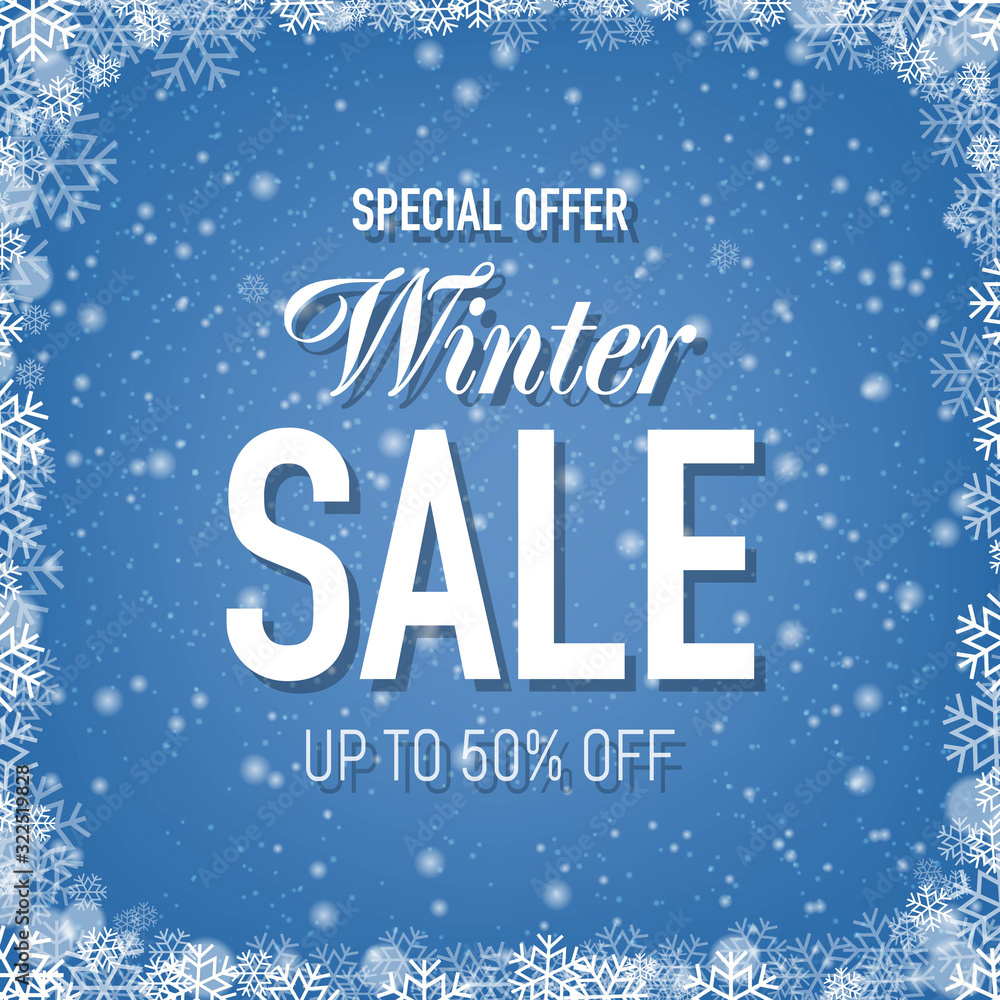 Sale Poster With Blue Glitter Background With Bokeh And Snowflakes Sale Poster With Blue Glitter Background With Bokeh And Snowflakes
